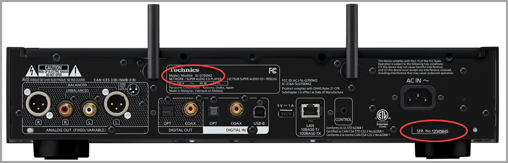 Image shows Model and serial number located on the back on the main unit